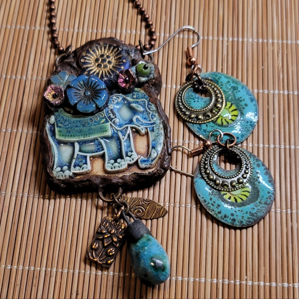 Artisan Elephant W/ Labradorite Drop "Time Travelers Tokens" Pendant & Earrings